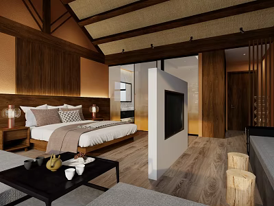 Natural Wooden Bedroom Interior With Warm Tones TV Stand And Coffee Table 3d model