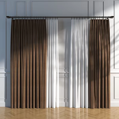 Brown and White Curtains Enhance Modern Home With White Wall Decor 3d model