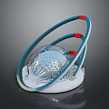 Modern Contemporary Design Object With Blue Frame Red Accents Transparent Sphere And White Base