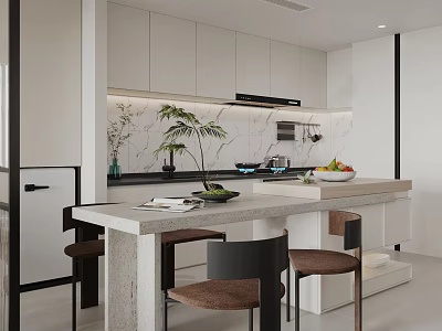 Modern Kitchen Interior Featuring Island Counter Cabinets Dining Chairs And Plants 3d model