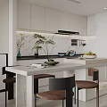 Modern Kitchen Interior Featuring Island Counter Cabinets Dining Chairs And Plants