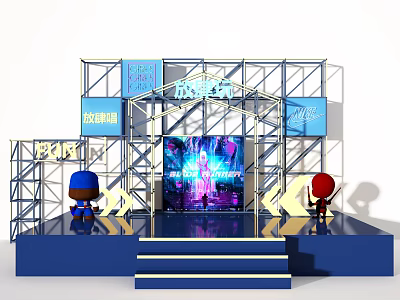 Blue Metal Frame Stage Setup With Large Screen And Cartoon Figures 3d model