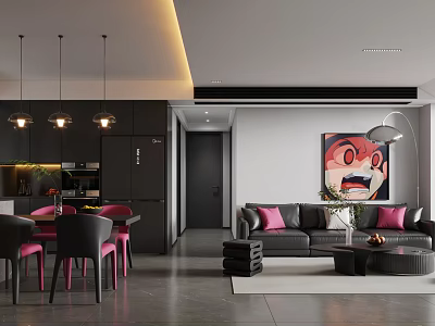 Modern Dining and Living Room Interior With Black Furniture Sofa Pink Cushions And Wall Art 3d model