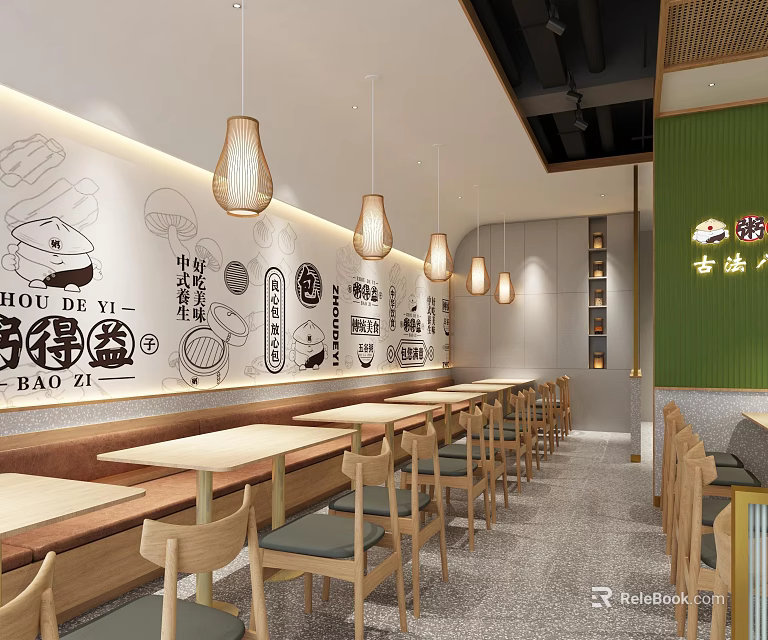 Cozy Restaurant Interior With Hand Painted Murals Long Tables Wooden Chairs And Pendant Lights 3d model 