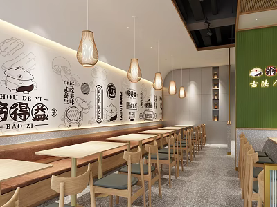 Cozy Restaurant Interior With Hand Painted Murals Long Tables Wooden Chairs And Pendant Lights 3d model