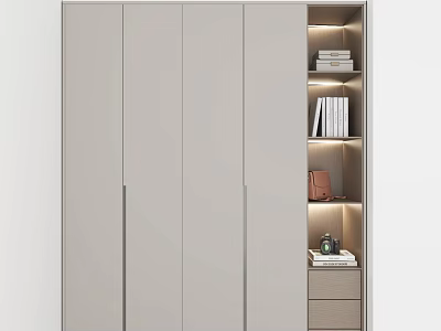 Modern Light Gray Wardrobe With Built in Lighting Open Shelves Books Bag And Drawers 3d model