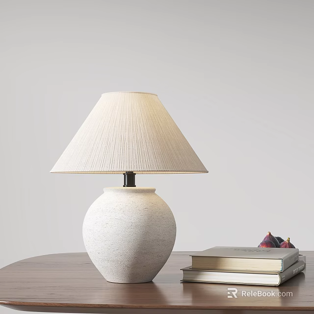 Ceramic Table Lamp with Textured Beige Lampshade Near Stacked Books and Figs on Table 3d model 