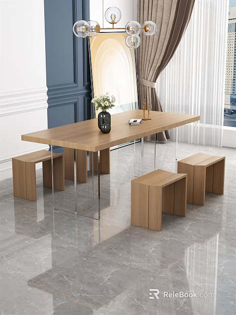 Modern Wooden Dining Table Set With Metal Legs Matching Stools And Black Vase 3d model 