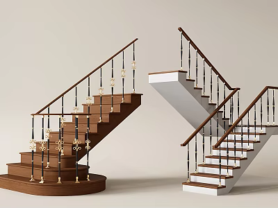 Two Modern Interior Staircase Designs With Wooden And White Steps And Decorative Railings 3d model
