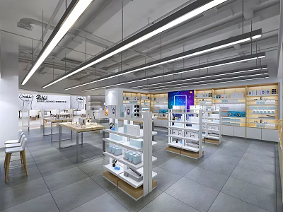 Modern Digital Store Interior With Product Shelves Display Areas And Bright Lighting 3d model