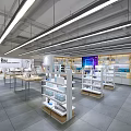 Modern Digital Store Interior With Product Shelves Display Areas And Bright Lighting