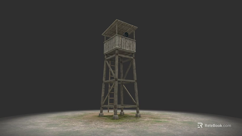Wooden Train Station Exterior With Ladder And Gray Background Sandy Ground Grass 3d model 