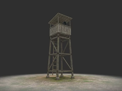 Wooden Train Station Exterior With Ladder And Gray Background Sandy Ground Grass 3d model