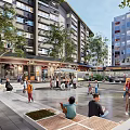 Evening Park Landscape with High Rise Buildings People Gathering Children Playing Trees and Illuminated Plaza Area
