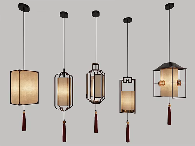 Chinese Style Pendant Lights With Different Designs Light Shades Black Frames And Red Tassels 3d model