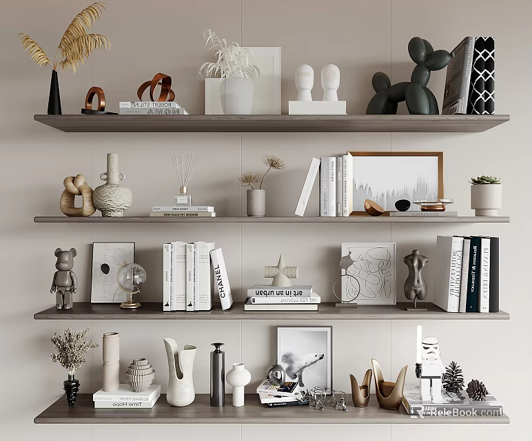 Elegant Decorative Ornament Set on Floating Shelves with Vases Books Sculptures and Frames 3d model 