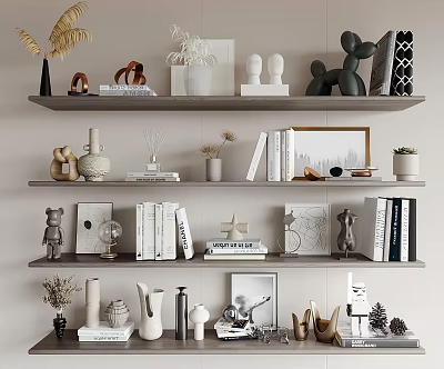 Elegant Decorative Ornament Set on Floating Shelves with Vases Books Sculptures and Frames 3d model
