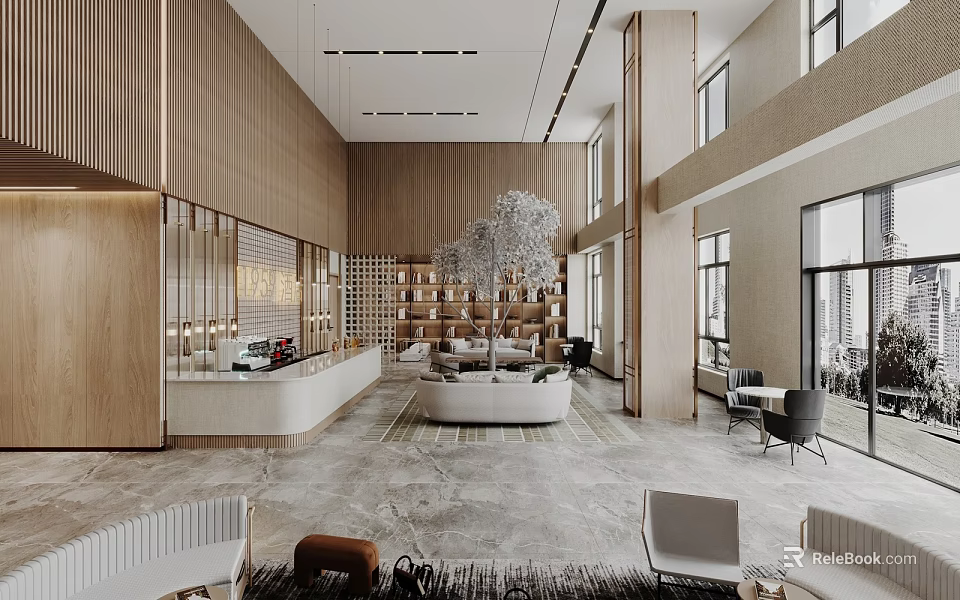 Modern Hotel Lobby Interior Design With Wooden Walls Reception Desk Bookshelves Sofa Area And Chandelier 3d model 
