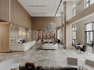 Modern Hotel Lobby Interior Design With Wooden Walls Reception Desk Bookshelves Sofa Area And Chandelier 3d model
