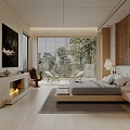 Modern Bedroom Interior Design With Fireplace Cozy Bed And Trees Outside