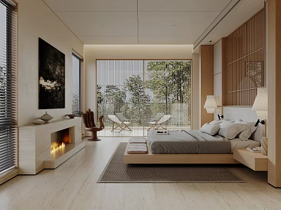 Modern Bedroom Interior Design With Fireplace Cozy Bed And Trees Outside 3d model