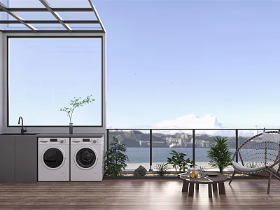 Home Balcony Design With Two Washing Machines Green Plants Rattan Chair And Sea View 3d model