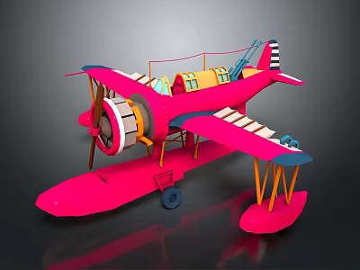 Pink Biplane Model With Propeller Yellow Cockpit And Striped Tail For Space Aviation 3d model