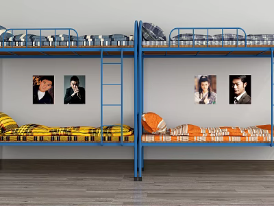 Blue Frame Bunk Bed With Upper Lower Mattresses Ladder And Wall 3d model