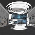 Modern Exhibition Hall With Circular Chandelier Large Screen Displays And White Platform
