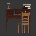 Wooden Writing Desk With Drawer Open Book Lamp Stacked Books Pen And Chair