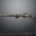 Homemade Rusty Metal Weapon with Pipe Design Red Yellow Parts and Curved Hose