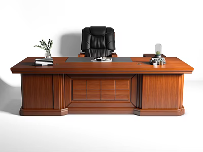 Wooden Office Desk With Black Leather Chair Stack Of Books Small Plant And Glass Container 3d model