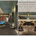 Modern Restaurant Interior With Gold Pendant Lights Round Tables And Green Walls
