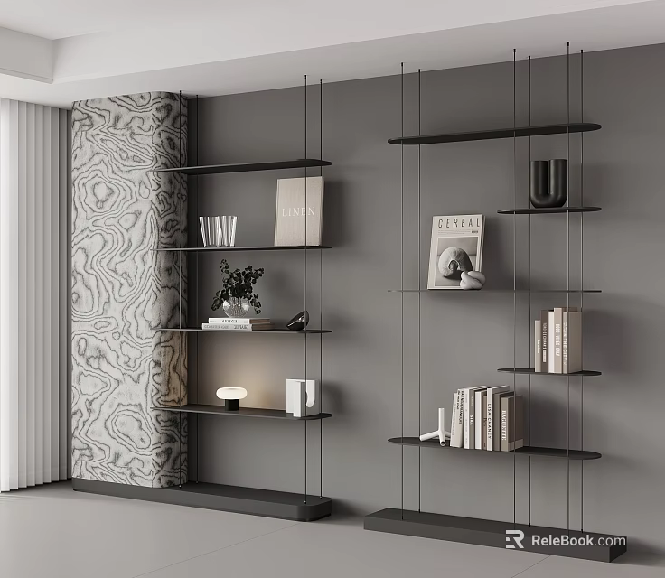 Modern Black Hanging Bookshelves With Decorative Wall And Books Vases Plants Lamp 3d model 