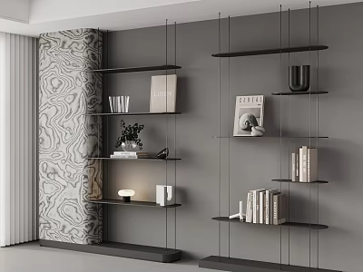 Modern Black Hanging Bookshelves With Decorative Wall And Books Vases Plants Lamp 3d model