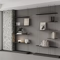 Modern Black Hanging Bookshelves With Decorative Wall And Books Vases Plants Lamp