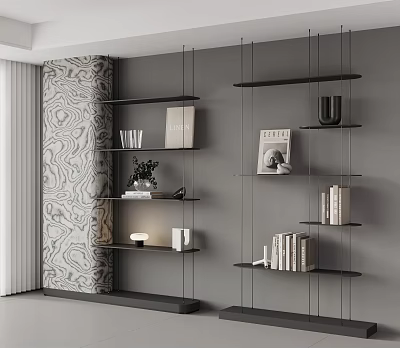 Modern Black Hanging Bookshelves With Decorative Wall And Books Vases Plants Lamp 3d model