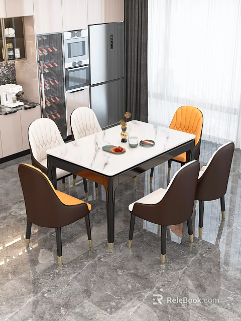 Dining Table Set With White Marble Tabletop Black Metal Legs And Multi Colored Leather Chairs 3d model 