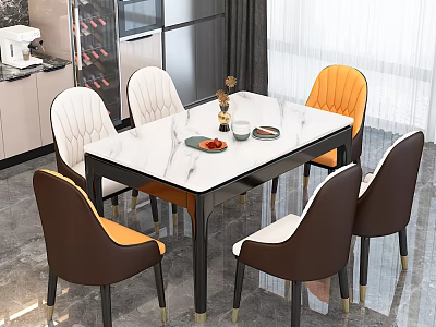 Dining Table Set With White Marble Tabletop Black Metal Legs And Multi Colored Leather Chairs 3d model