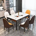 Dining Table Set With White Marble Tabletop Black Metal Legs And Multi Colored Leather Chairs