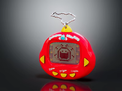 Retro Red Tamagotchi Portable Entertainment Device With Pixel Screen Yellow Buttons And Keychain 3d model