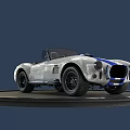 White Convertible Sports Car With Blue Racing Stripes On Black Circular Display Platform