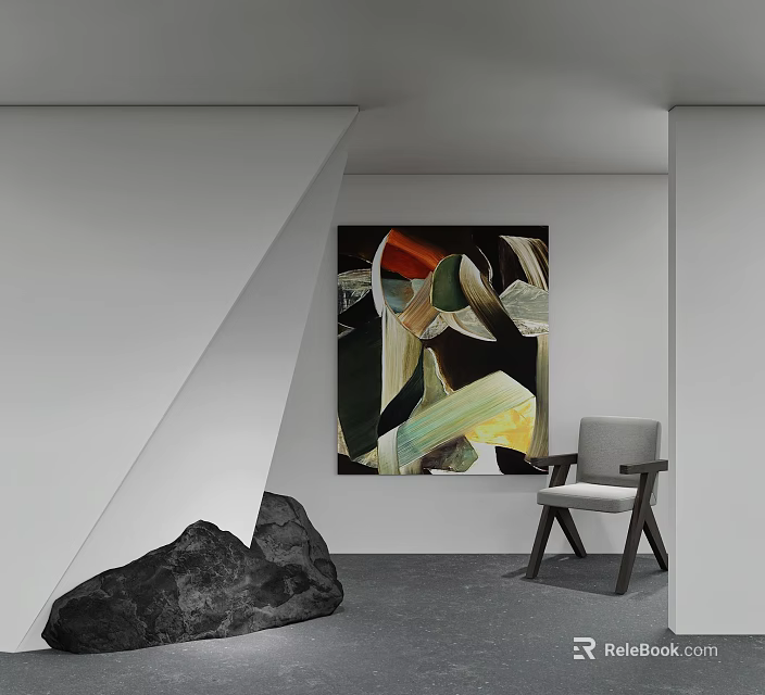 Abstract Painting In Modern Minimalist Interior With White Wall Gray Chair And Black Stone 3d model 