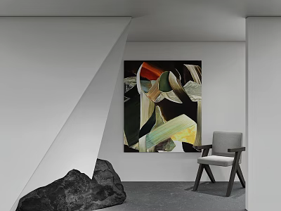 Abstract Painting In Modern Minimalist Interior With White Wall Gray Chair And Black Stone 3d model
