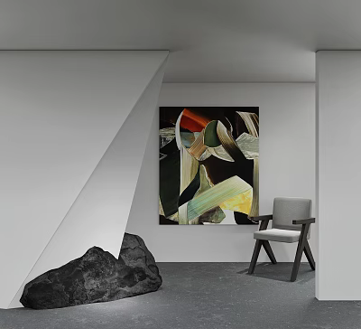 Abstract Painting In Modern Minimalist Interior With White Wall Gray Chair And Black Stone 3d model
