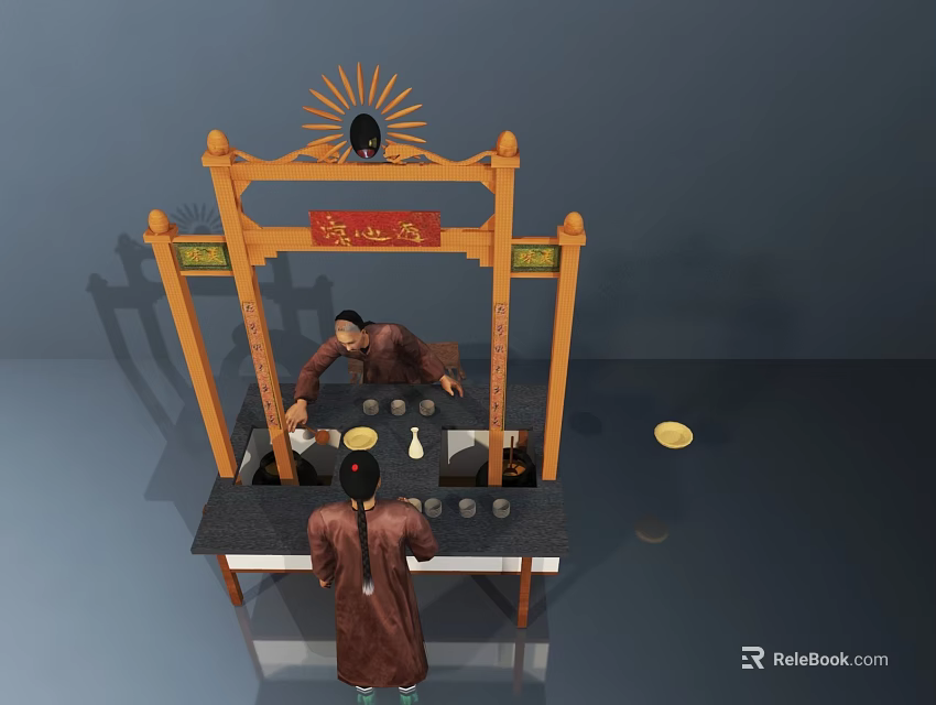 Traditional Chinese Stall With Wooden Frame Counter And Good Place Sign 3d model 