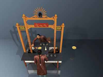 Traditional Chinese Stall With Wooden Frame Counter And Good Place Sign 3d model