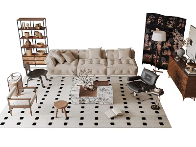 Modern Beige Sofa Coffee Table Combination With Marble Top And Black White Checkered Rug 3d model