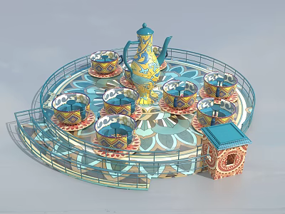 Teacup Amusement Ride with Large Decorative Teapot Center Colorful Seats Blue Railings and Ornate Pavilion 3d model