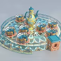 Teacup Amusement Ride with Large Decorative Teapot Center Colorful Seats Blue Railings and Ornate Pavilion